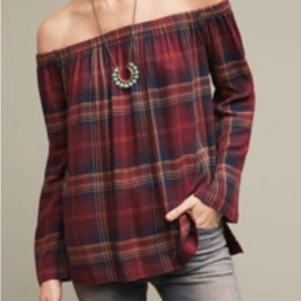Cloth and stone plaid off shoulder top